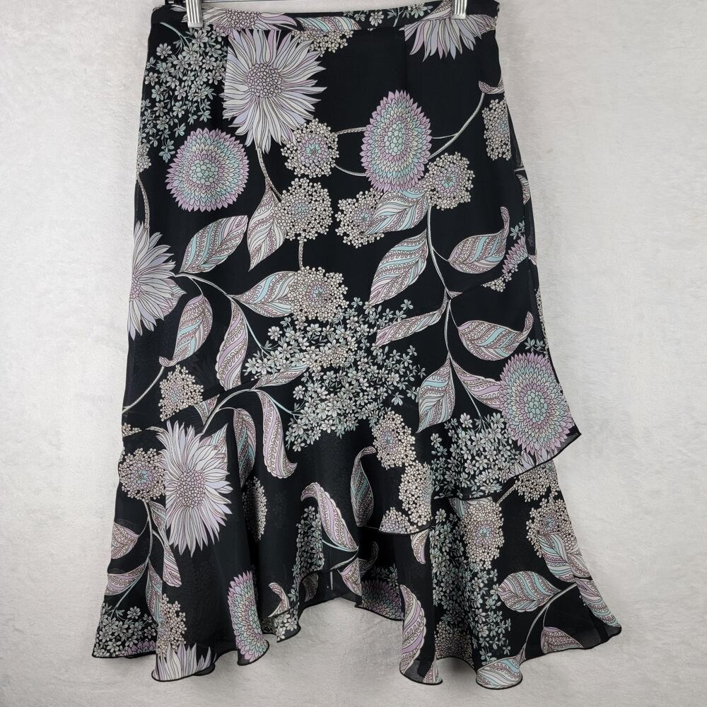 Fairycore Midi Skirt Sz 10 Asymmetric Layer Whimsigoth Black Colorful Floral Zip